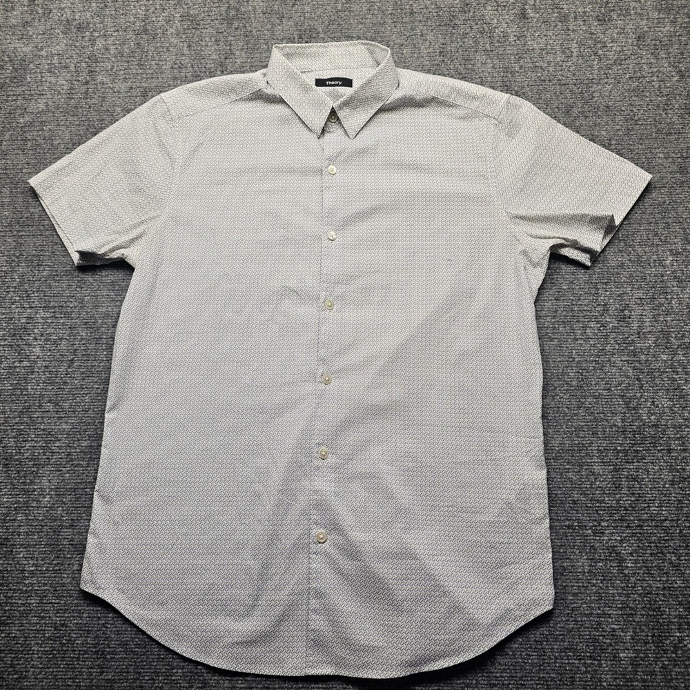 Theory Zack S Mens Short Sleeve Button Down Shirt Multi Dot Print White Blue S